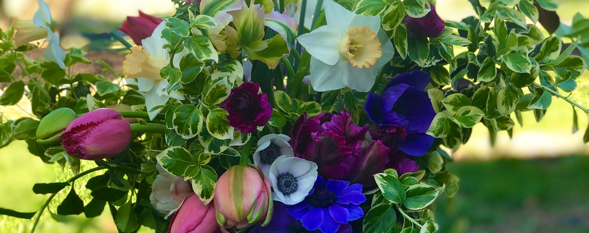 Bouquet of flowers in a black vase on a table with a blurred natural background